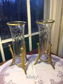 Pair French Antique Art Nouveau Cut Glass Ormolu Bronze Mounted Vases