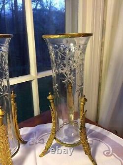 Pair French Antique Art Nouveau Cut Glass Ormolu Bronze Mounted Vases