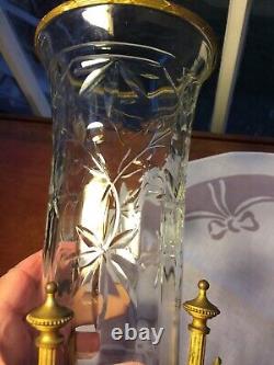 Pair French Antique Art Nouveau Cut Glass Ormolu Bronze Mounted Vases