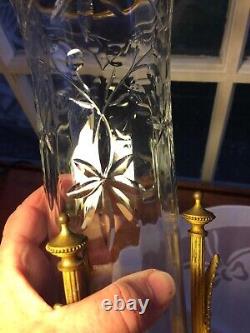 Pair French Antique Art Nouveau Cut Glass Ormolu Bronze Mounted Vases