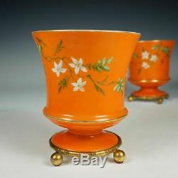 Pair French Baccarat Opaline Glass Vases Hand Painted Enamel Gilt Bronze Base