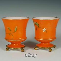 Pair French Baccarat Opaline Glass Vases Hand Painted Enamel Gilt Bronze Base