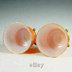 Pair French Baccarat Opaline Glass Vases Hand Painted Enamel Gilt Bronze Base