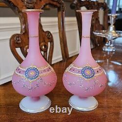 Pair French Baccarat Pink Opaline Glass Enameled Bud Vases 19th Century Gold