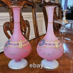 Pair French Baccarat Pink Opaline Glass Enameled Bud Vases 19th Century Gold