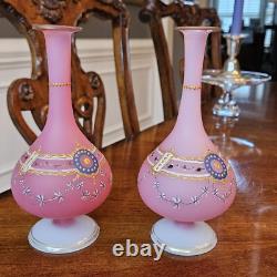 Pair French Baccarat Pink Opaline Glass Enameled Bud Vases 19th Century Gold