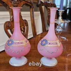 Pair French Baccarat Pink Opaline Glass Enameled Bud Vases 19th Century Gold