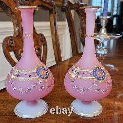 Pair French Baccarat Pink Opaline Glass Enameled Bud Vases 19th Century Gold
