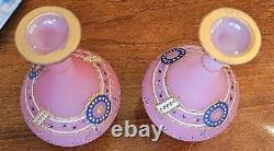 Pair French Baccarat Pink Opaline Glass Enameled Bud Vases 19th Century Gold