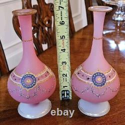 Pair French Baccarat Pink Opaline Glass Enameled Bud Vases 19th Century Gold