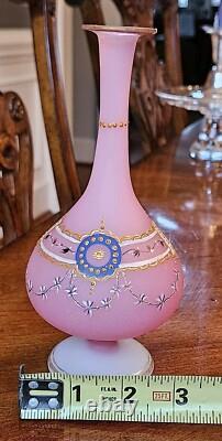 Pair French Baccarat Pink Opaline Glass Enameled Bud Vases 19th Century Gold