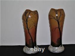 Pair French Cameo & Painted Winter Scene Vases Signed Legras 10 5/8 High