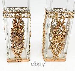 Pair French Gilt Bronze Mounted Glass Vases mid 20th century