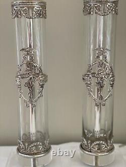 Pair French Neoclassical Silver Plate Glass Cylinder Vase Lamp Figural