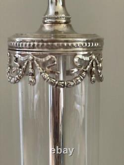 Pair French Neoclassical Silver Plate Glass Cylinder Vase Lamp Figural