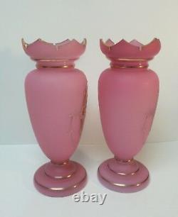 Pair French OPALINE Glass 11.25 Vases, Gilt Decorated, c. 1880-1900