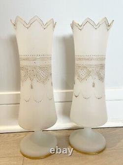 Pair French OPALINE Glass 12.75 Vases, Gilt Decorated, c. 1880-1900