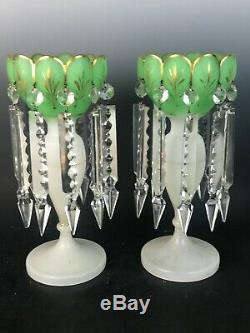 Pair French Opaline Glass Mantle Victorian Luster White Green Prisms Large
