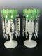 Pair French Opaline Glass Mantle Victorian Luster White Green Prisms Large