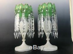 Pair French Opaline Glass Mantle Victorian Luster White Green Prisms Large