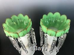 Pair French Opaline Glass Mantle Victorian Luster White Green Prisms Large