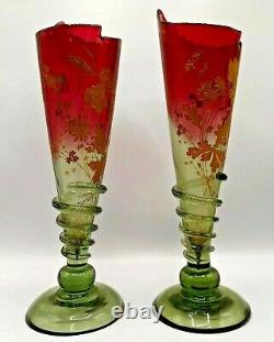 Pair Nineteenth Century French Legras Rubina Verde Conical Vases Applied Snakes