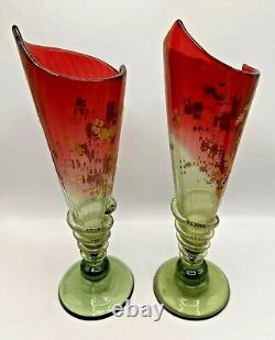 Pair Nineteenth Century French Legras Rubina Verde Conical Vases Applied Snakes