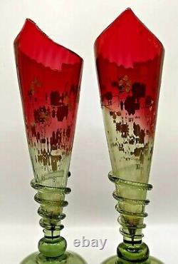 Pair Nineteenth Century French Legras Rubina Verde Conical Vases Applied Snakes