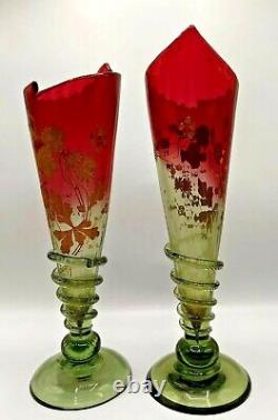 Pair Nineteenth Century French Legras Rubina Verde Conical Vases Applied Snakes
