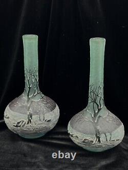 Pair Of 1920's French Andre Delatte Cameo Ice Blue Glass Bud Vases 8