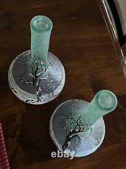 Pair Of 1920's French Andre Delatte Cameo Ice Blue Glass Bud Vases 8