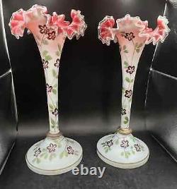Pair Of Antique Opaline French Glass Vases With Enamel Hand Painted Florals