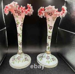 Pair Of Antique Opaline French Glass Vases With Enamel Hand Painted Florals