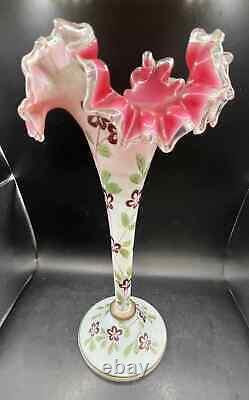 Pair Of Antique Opaline French Glass Vases With Enamel Hand Painted Florals