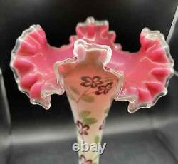 Pair Of Antique Opaline French Glass Vases With Enamel Hand Painted Florals