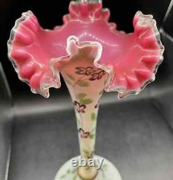 Pair Of Antique Opaline French Glass Vases With Enamel Hand Painted Florals