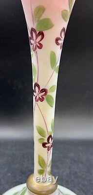 Pair Of Antique Opaline French Glass Vases With Enamel Hand Painted Florals