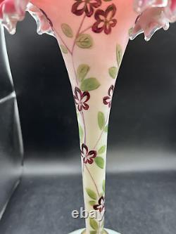 Pair Of Antique Opaline French Glass Vases With Enamel Hand Painted Florals