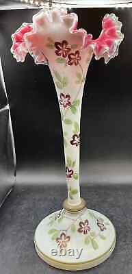 Pair Of Antique Opaline French Glass Vases With Enamel Hand Painted Florals