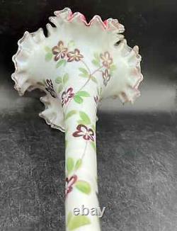 Pair Of Antique Opaline French Glass Vases With Enamel Hand Painted Florals