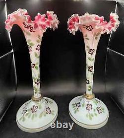 Pair Of Antique Opaline French Glass Vases With Enamel Hand Painted Florals