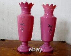 Pair Of Antique Pink Opaline Glass Vases
