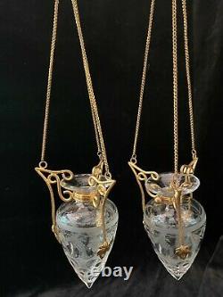 Pair of Antique French Gilt Bronze & Etched Glass Hanging Bud Vases