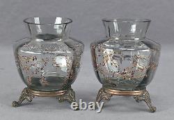 Pair of French Enamel Blue Floral & Gold Glass Brass Mounted Vases C. 1880-1900
