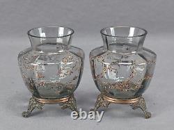 Pair of French Enamel Blue Floral & Gold Glass Brass Mounted Vases C. 1880-1900