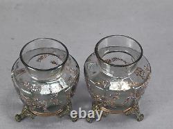 Pair of French Enamel Blue Floral & Gold Glass Brass Mounted Vases C. 1880-1900