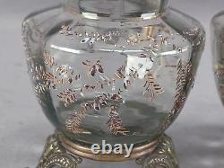 Pair of French Enamel Blue Floral & Gold Glass Brass Mounted Vases C. 1880-1900