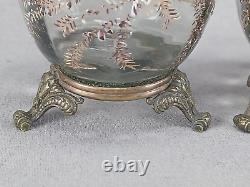 Pair of French Enamel Blue Floral & Gold Glass Brass Mounted Vases C. 1880-1900