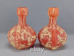 Pair of French Pate de Verre Art Deco Mottled Orange & Yellow Glass Vases