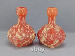 Pair of French Pate de Verre Art Deco Mottled Orange & Yellow Glass Vases